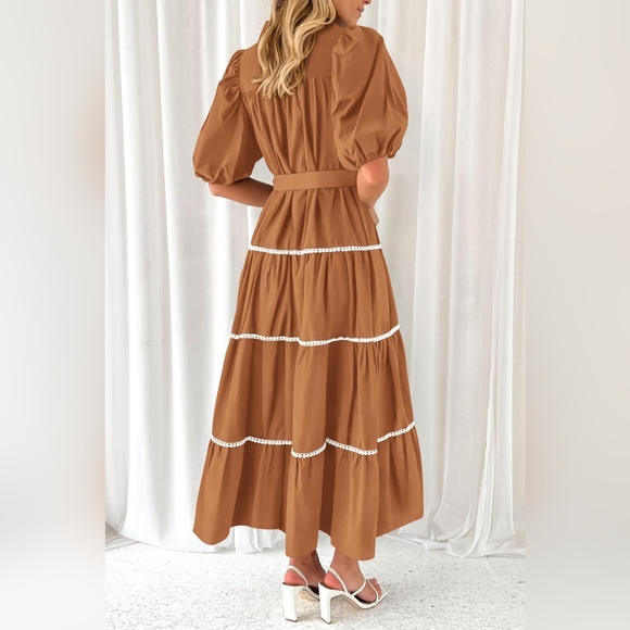 PrettyGarden Button Down Short Puff Sleeve Tiered Ruffle Long Maxi Dress - Picture 2 of 7